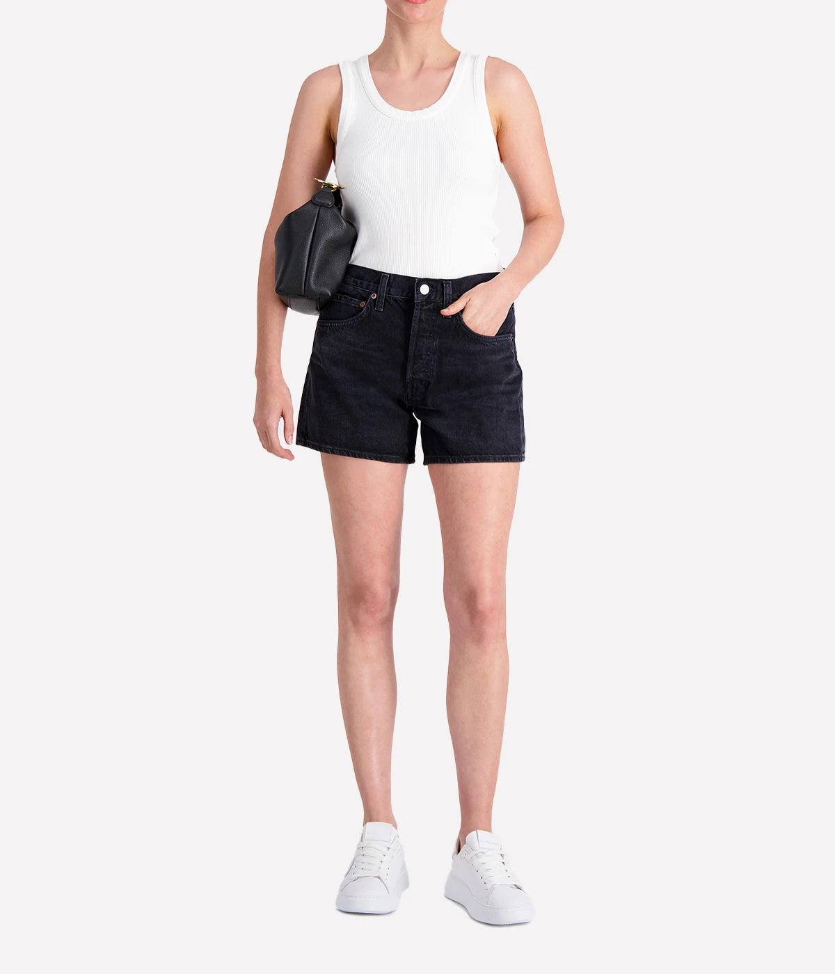 High-rise denim shorts in organic cotton with a button fly, longer inseam, and relaxed fit through the thighs for everyday comfort and style.