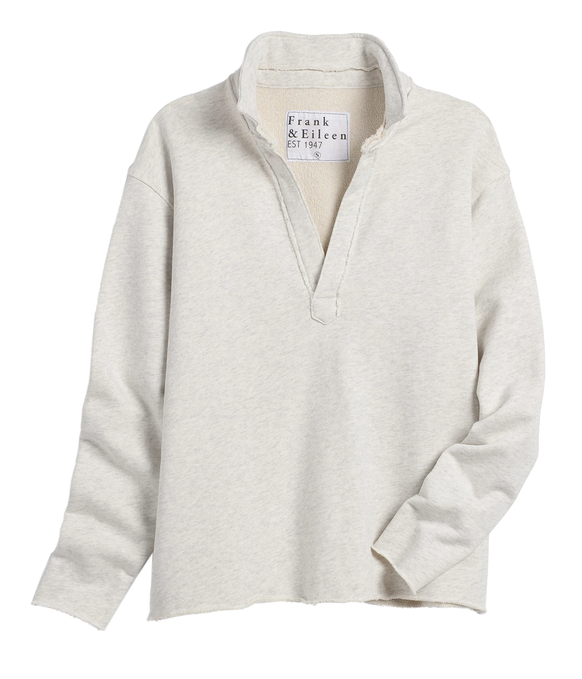 ALT TEXT: "Popover Henley with a sporty V-neck and raw‑cut hem, offering a cropped yet covered look in 100% Cotton."