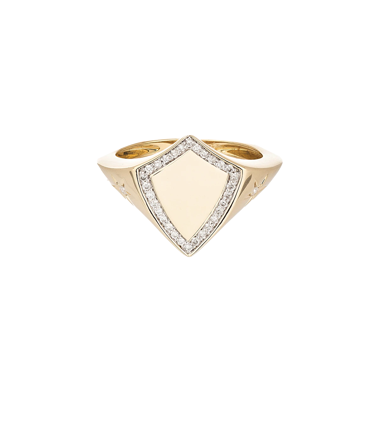 ALT text: 14K yellow gold shield signet ring with pavé diamonds