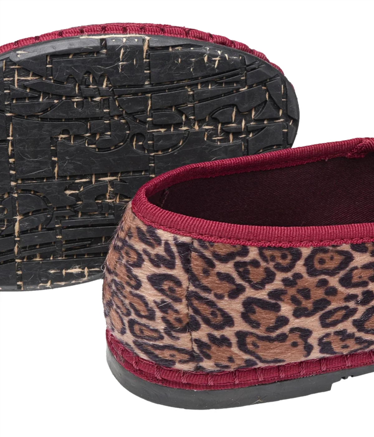 Close-up of the Flabelus Pierre in Leopard Garnet showing the synthetic fur leopard print heel, garnet piping and patterned recycled rubber sole