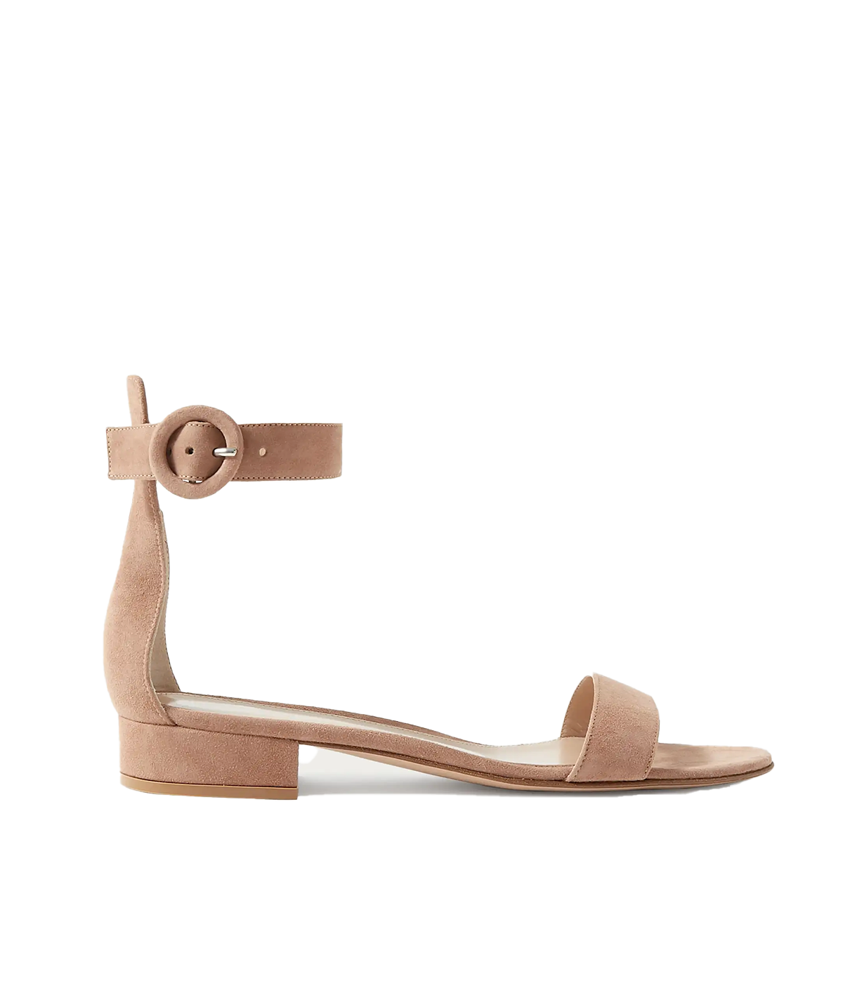 ALT Text: Portofino 20 suede sandals featuring a round toe, low block heel, and adjustable ankle strap.