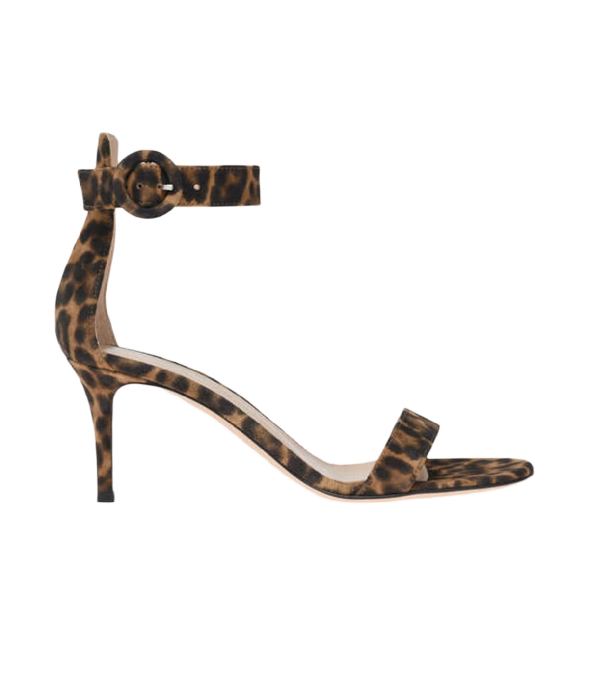 Gianvito Rossi's iconic 'Portofino' sandals are a must-have for anyone seeking the perfect blend of comfort and versatility, and they’re now available in the updated starlight design. Crafted in Italy from premium suede leather, this chic leopard print pair features slim foot-framing straps and rests on a manageable 70mm heel, making them ideal for all-day wear. The softly cushioned insoles provide exceptional comfort, making these sandals a fantastic choice for weddings, race days, and garden parties where