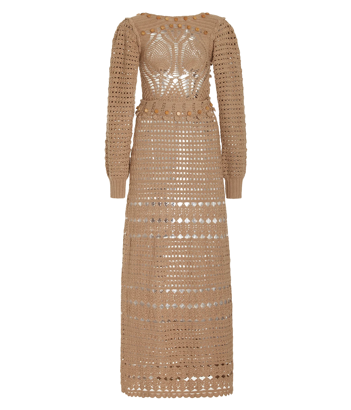 Runway ready. Brown crochet long sleeve midi length dress with embellishments around the neckline and waist. From beach to bar, runway exclusive, drinks with the girls.