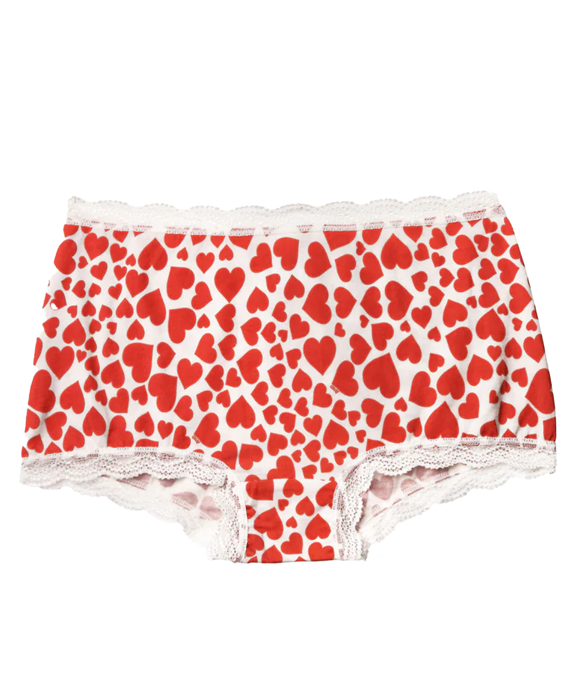 ALT Text: Love heart print hipster knickers trimmed with lace, made from biodegradable TENCEL™ Modal x Micro for a soft, breathable fit.
