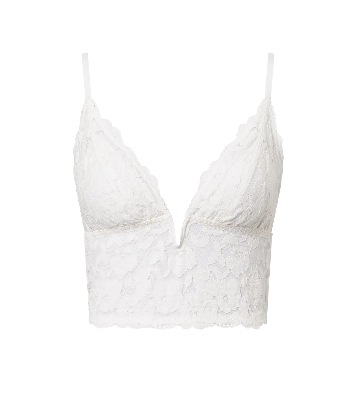 Cosabella Romanza Longline Bralette in Moon Ivory laid flat, showing the plunging V neckline, sheer lace cups, thin straps and longline scalloped lace hem