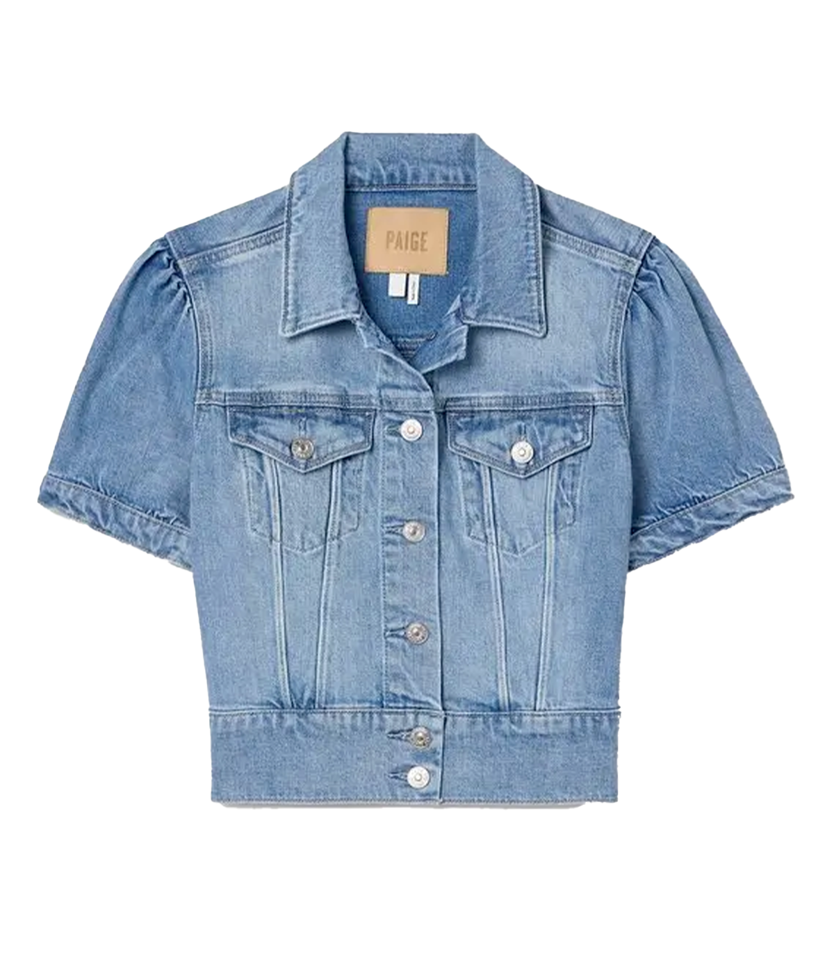 ALT text: Light wash denim jacket with puff sleeves, cropped fit, and chest pockets.