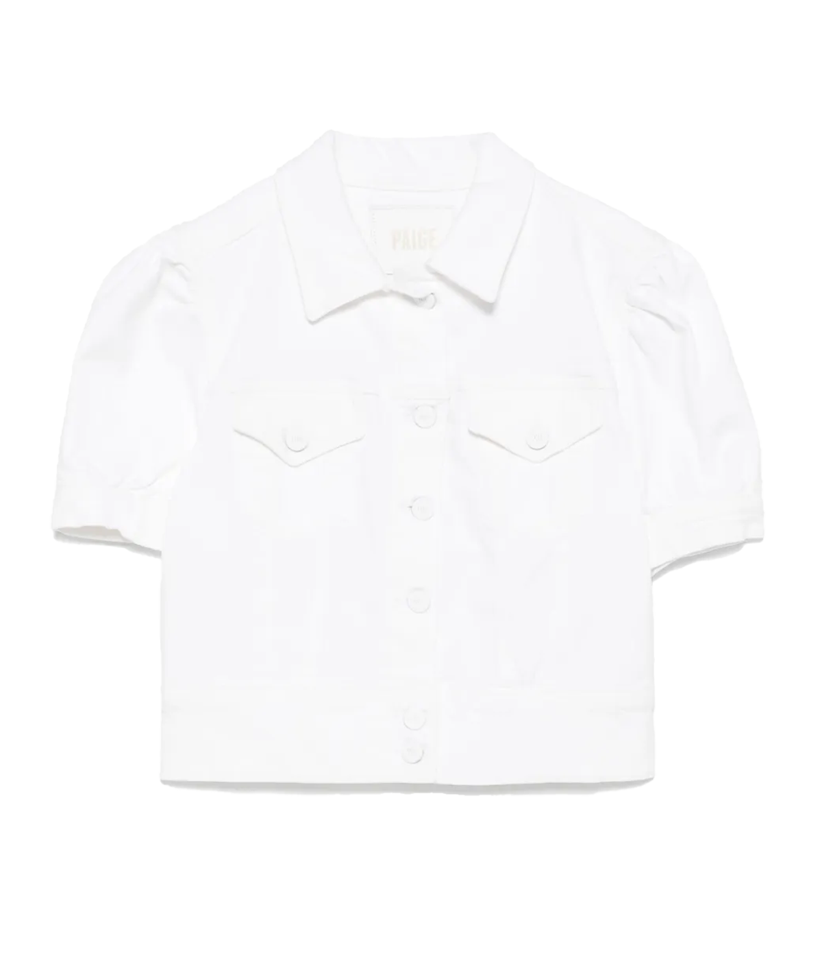 ALT text: White denim jacket with puff sleeves, cropped fit, and chest pockets.