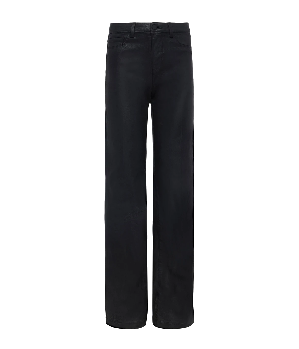Fit & Silhouette:
Designed with a tall, fitted wide-leg cut, these jeans offer a flattering shape that enhances your natural figure. The contoured waistband provides a secure fit at the natural waist, preventing gaping for added comfort.
Material & Texture:
Crafted from a luxurious coated stretch denim, these jeans feature a sleek, leather-like finish that adds an edgy touch to your look. The fabric blends comfort with a sophisticated aesthetic.
Practical Details:
Functional back pockets and a zip fly wit