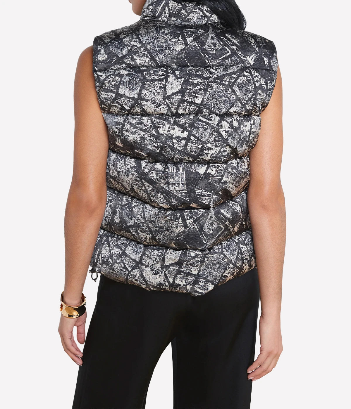 Rae Snap Puffer Vest in Black Ecru Map of Paris