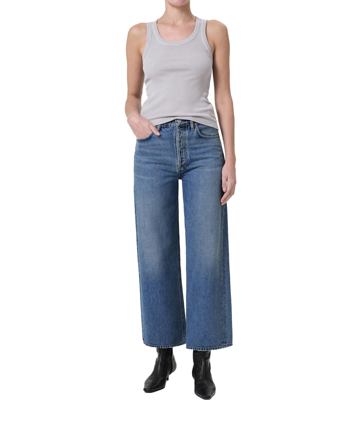 ALT Text: High-rise wide-leg Ren Jean in a warm white tone, crafted from a blend of cotton and recycled fibres for comfort and versatility.