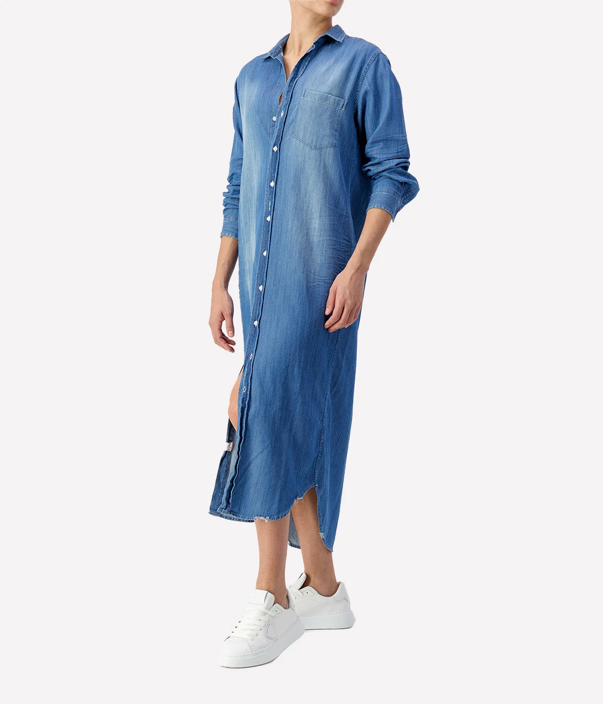 Rory Woven Denim Long Dress in Distressed Vintage Wash