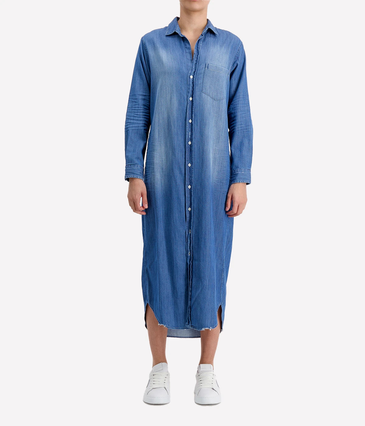 Rory Woven Denim Long Dress in Distressed Vintage Wash
