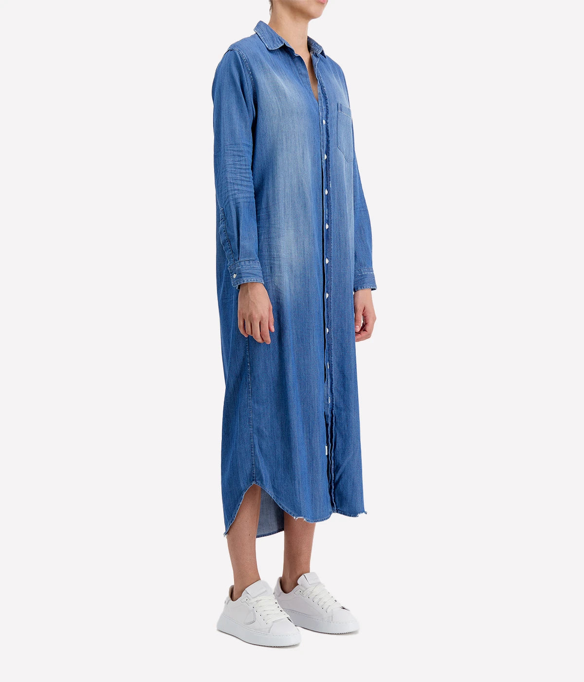 Rory Woven Denim Long Dress in Distressed Vintage Wash