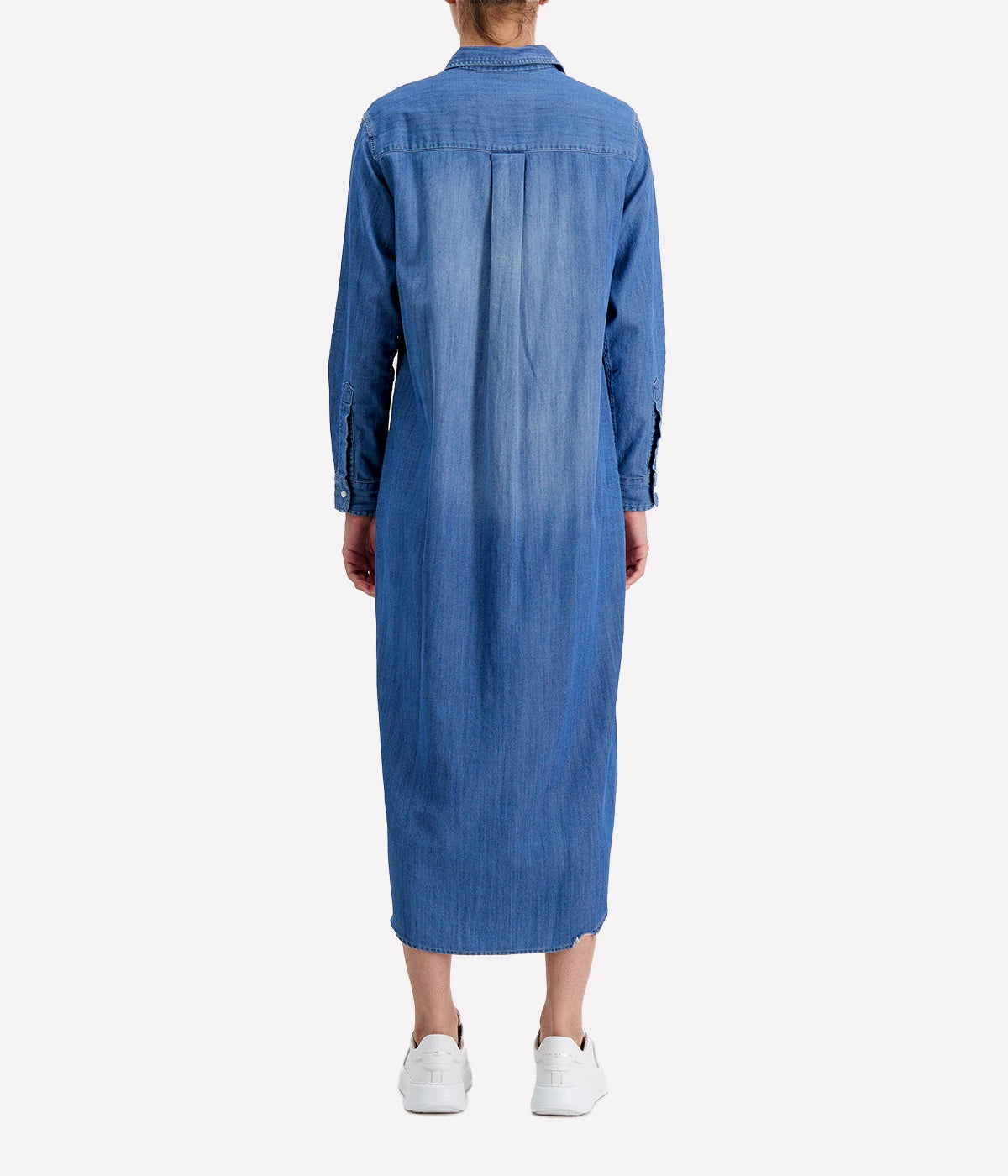 Rory Woven Denim Long Dress in Distressed Vintage Wash