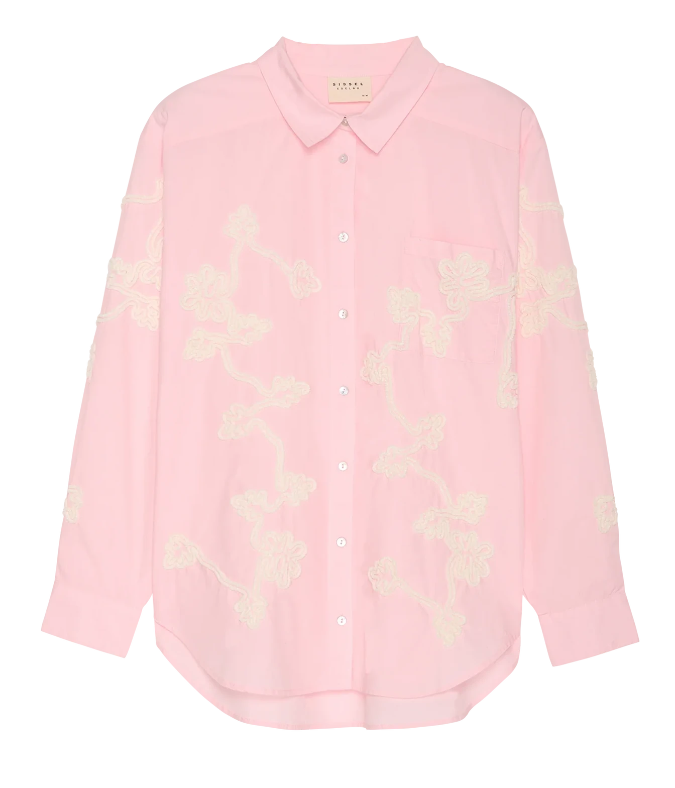 A light pink long-sleeve button-up shirt with cream floral embroidery and a small chest pocket, shown flat against a white background.