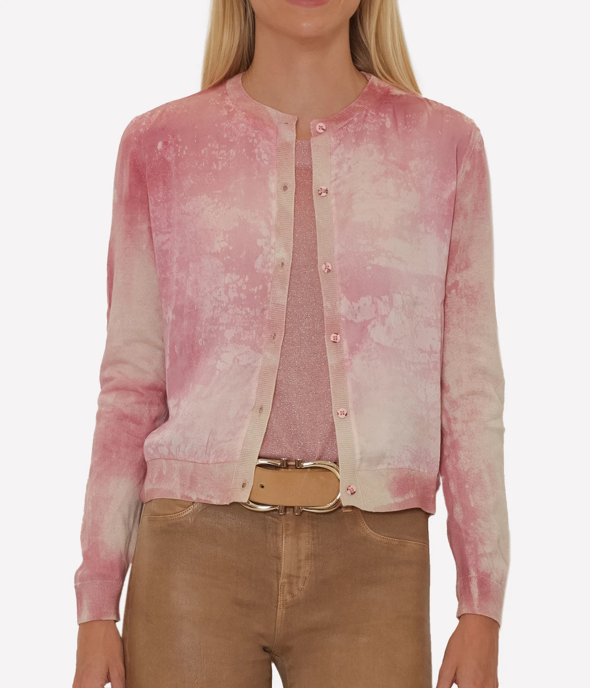 Round Neck Cashmere Silk Cardigan in Sale Rosa