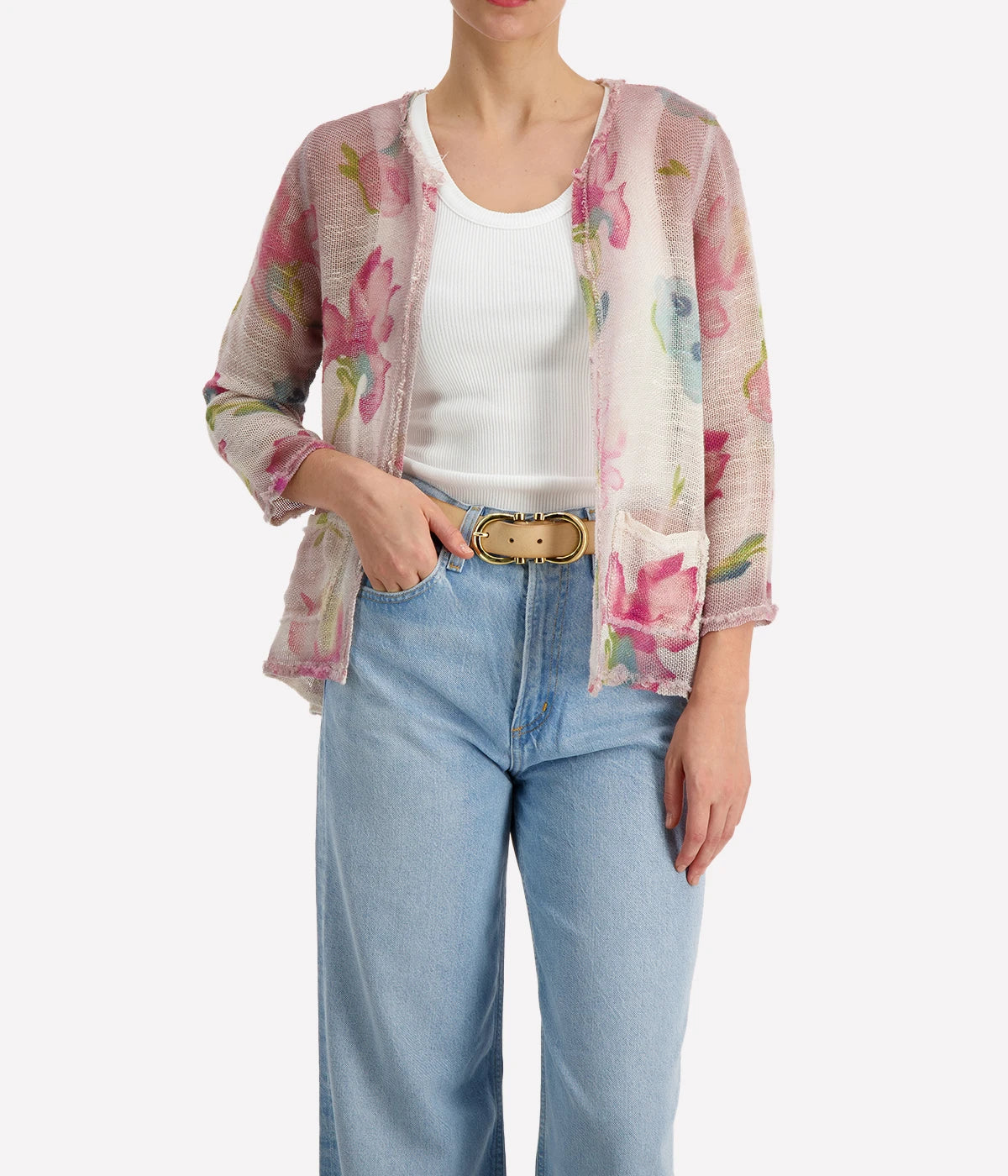 crew neck loose knit open jacket bty Avant toi. Pink linen & cotton blend with printed flowers.