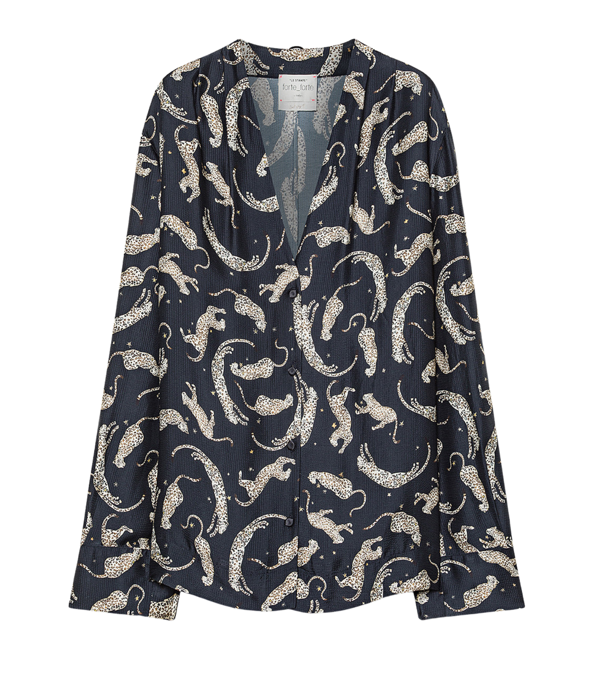 Front product view of the Forte Forte Royal Leopard print satin shirt in Night, with a beige leopard and gold star print on navy and a collarless V-neckline.