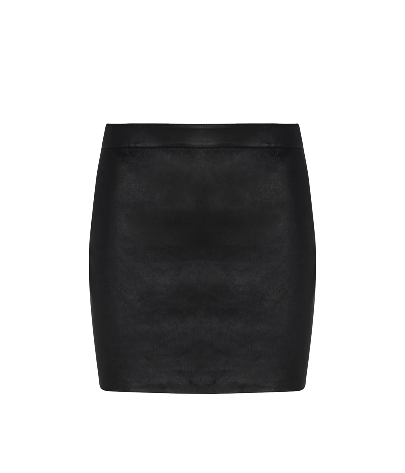 A black leather mini skirt with a structured, fitted silhouette and a wide waistband, shown against a plain white background.