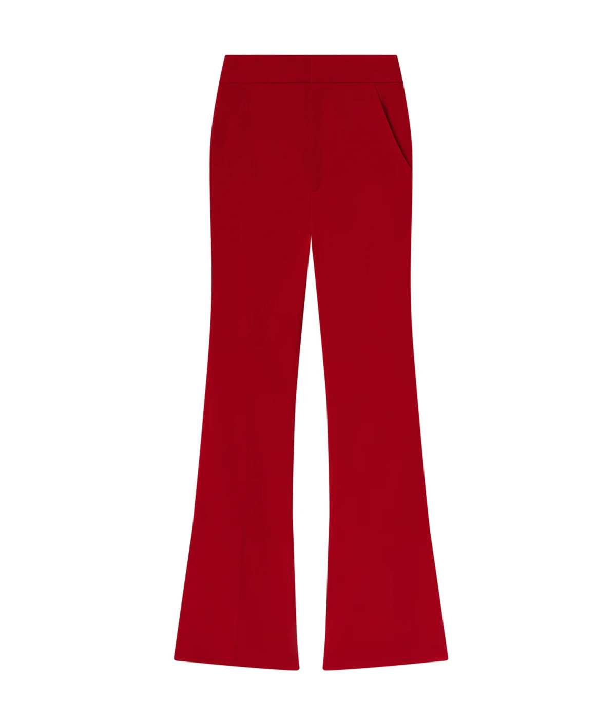 ALT text: Red drapey wool gabardine high-rise flared trousers with a slim thigh and slash pockets.
