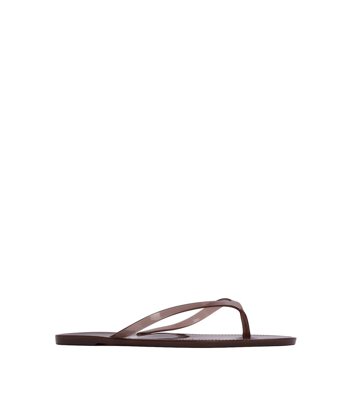 A single dark brown leather thong sandal shown in a side profile view - Crystal Sandal in Chestnut