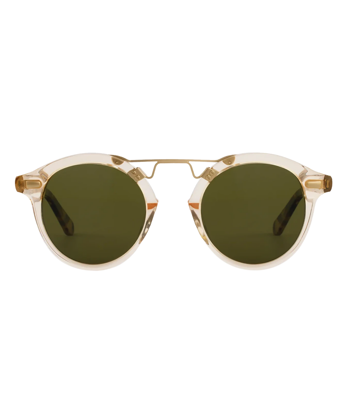 Front view of the KREWE STL II Sunglasses in 12K Haze Iberia, showing the translucent champagne frame, gold brow bar and green lenses
