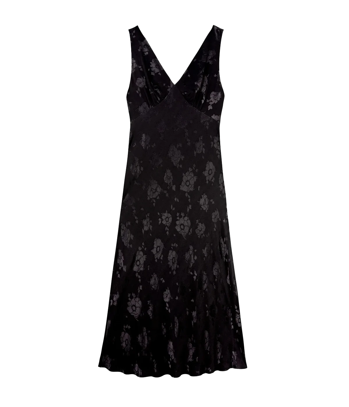One hundred percent viscose sleeveless black midi dress. An elegant satin finish floral print, empire line, straight hem and mid-length. This black dress is your perfect companion for every occasion, from day to nighttime. A versatile dress you will wear forever. Bra friendly, V Neckline and V Back. 