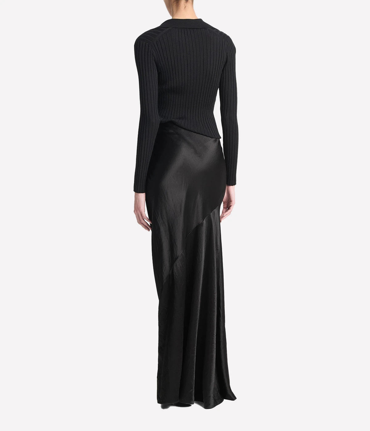 Vince black satin maxi skirt with high waist and elasticated waistband, made from sustainable Naia™ cellulosic fibre – elegant women’s occasionwear.