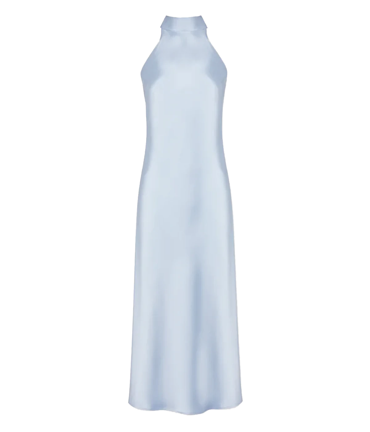 Elevated elegant midi dress in a cloud blue with high neck tie up detail and sheer side paneling. Special occasion, formal wear , bra friendly, made internationally, comfortable, wedding.