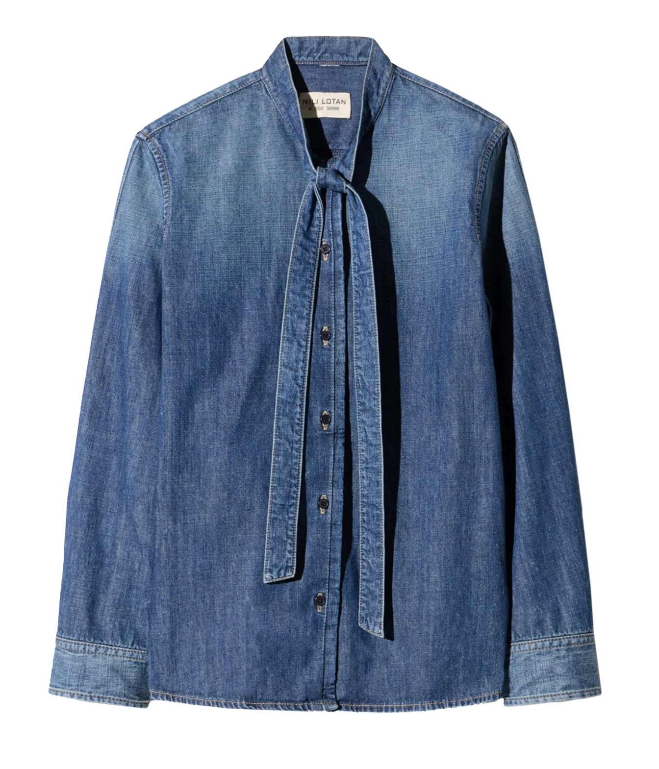 A blue denim long-sleeve shirt with a tie-neck detail and button front, displayed flat against a white background.