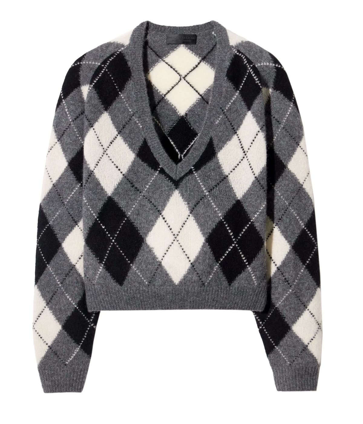 A cropped V-neck sweater with a classic argyle pattern in gray, black, and off-white, featuring long sleeves and ribbed cuffs and hem.