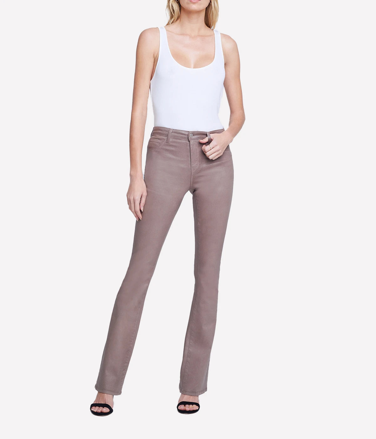 Selma High Rise Sleek Baby Boot Pant in Deep Taupe Coated