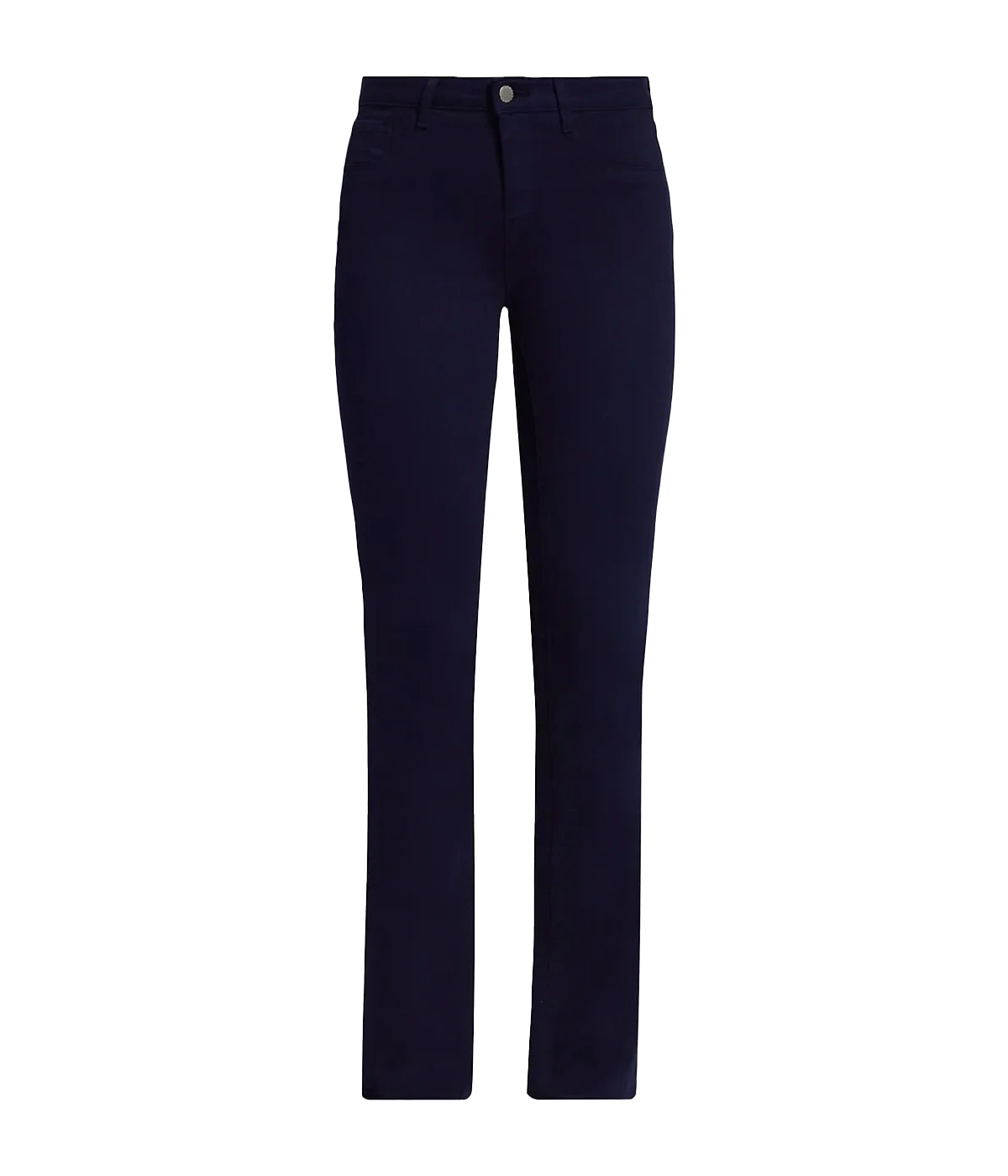 Image of a classic high rise navy denim wash jean, with micro flare, five-pocket and front zip fly closure. Fashion forward, trendy, everyday denim, bootcut hem, made in USA.