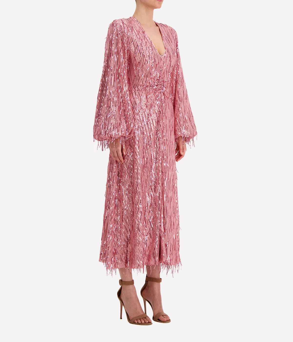 Sequin Midi V Neck Dress in Pink Mist