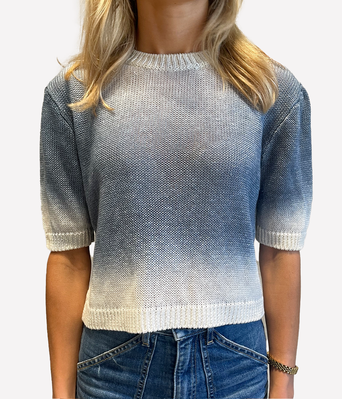 ALT text: Avant Toi Short Sleeve Maglia Pullover in hand-painted titanium linen blend