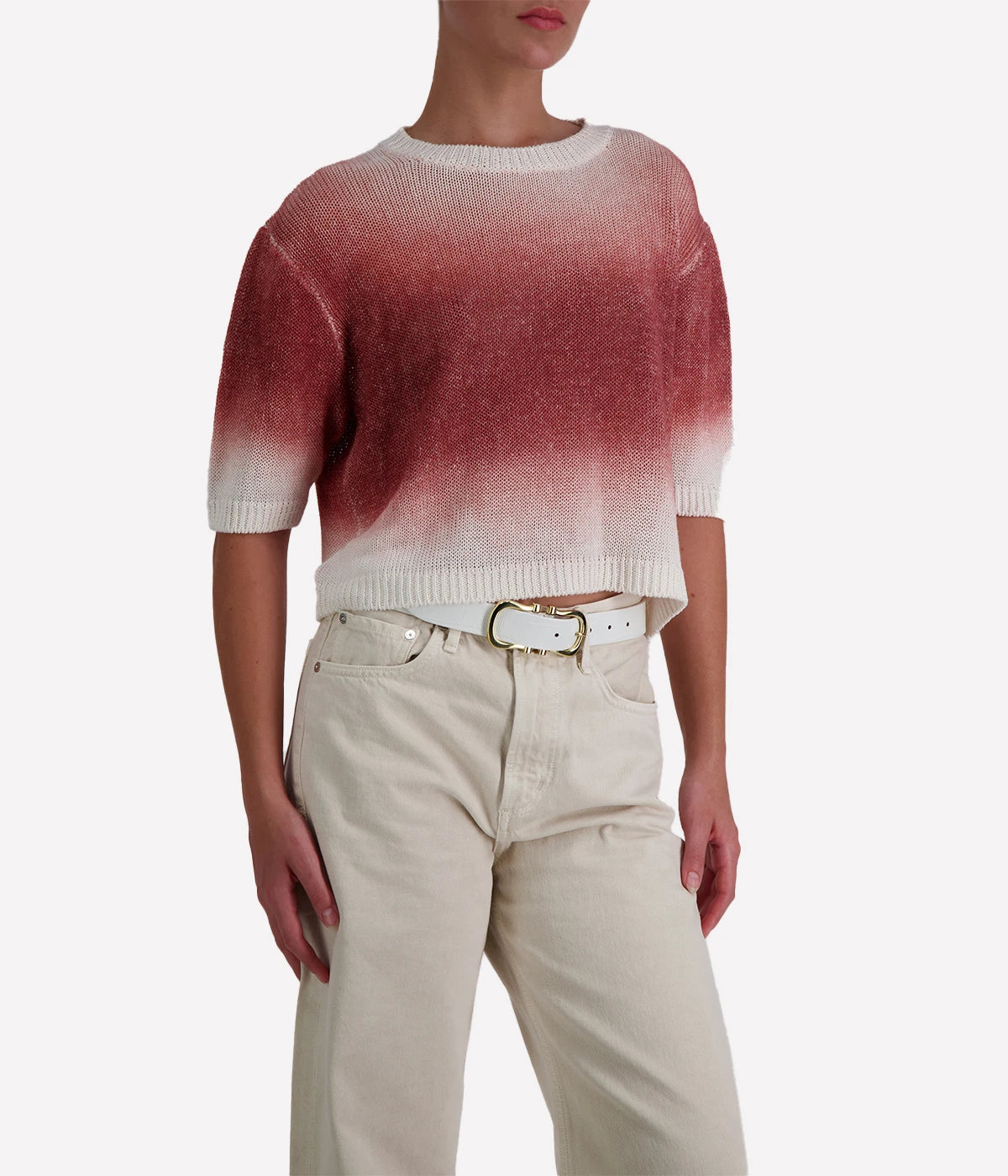 Cropped women’s knit tee by Avant Toi in ombré moscato tones, featuring a relaxed fit, short sleeves, and lightweight 100% linen fabric. Made in Italy.