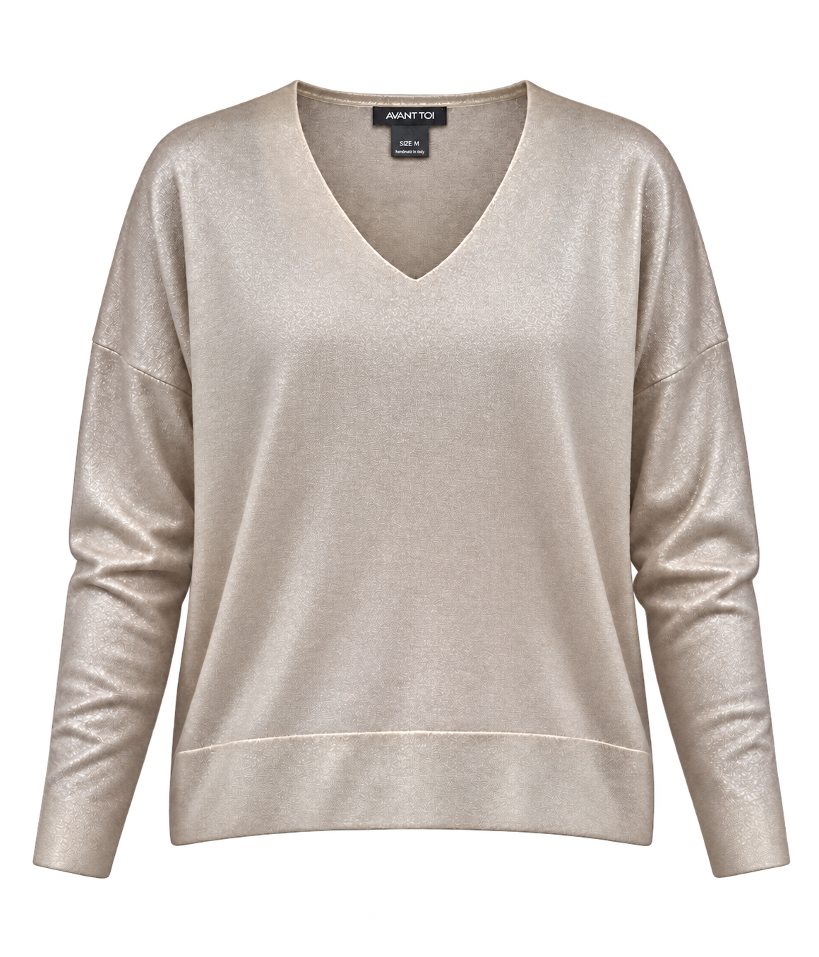 Front product view of Avant Toi Knitted Pullover in Noce Moscata showing the V neckline and metallic finish
