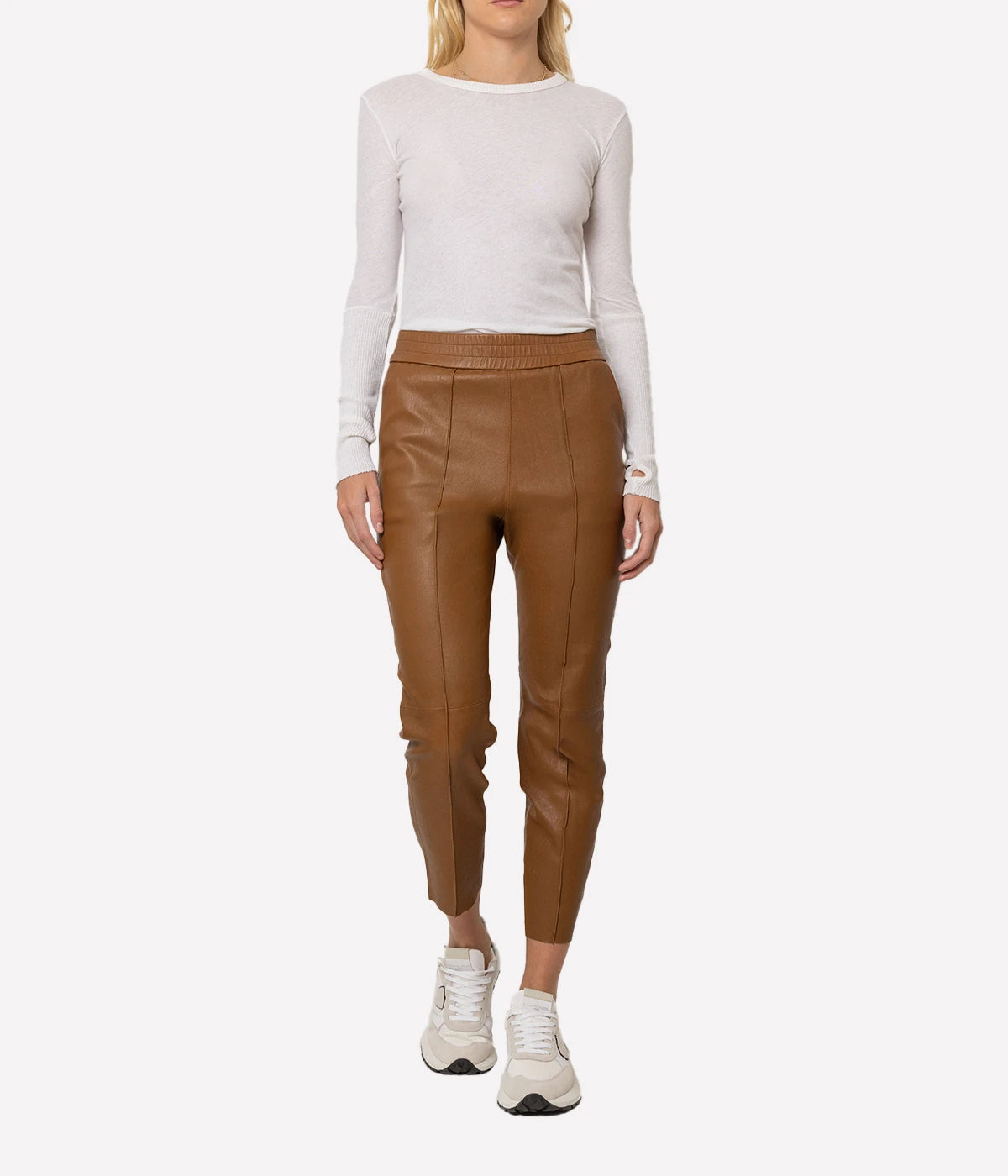 Slim Jogger Leather Pant with Pockets in Walnut