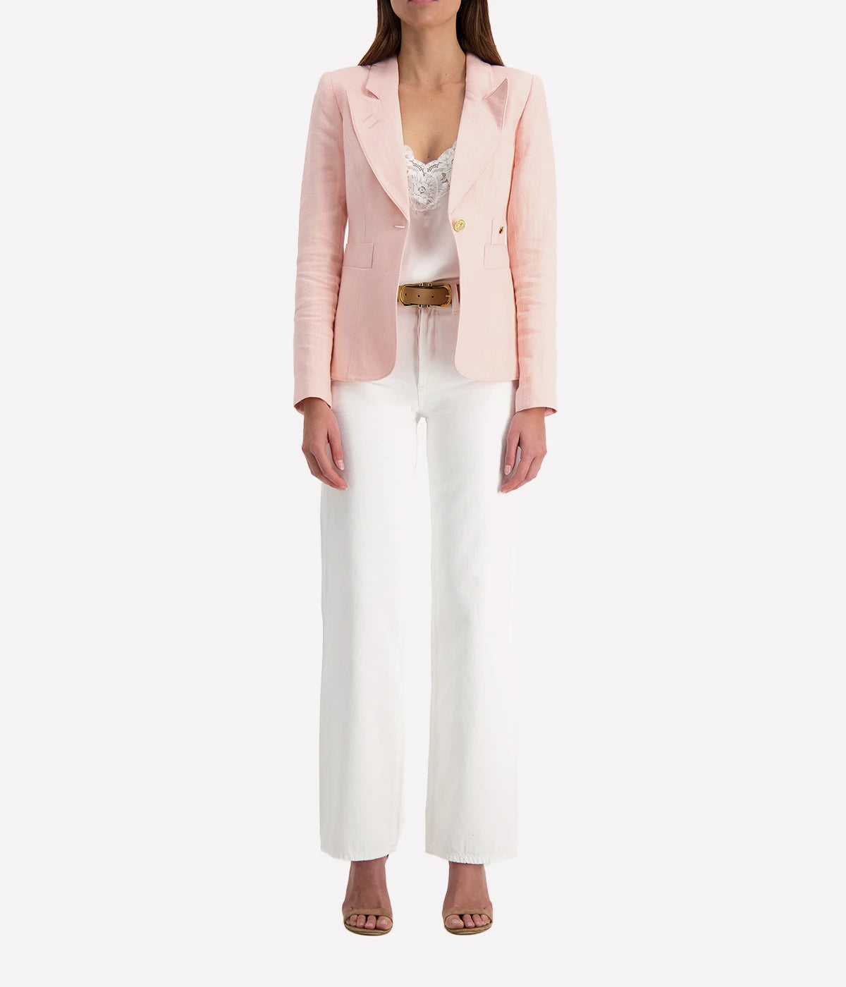 ALT text: Smythe Classic Tailored Duchess Blazer in bright pink linen with brass buttons and cut-out back detail