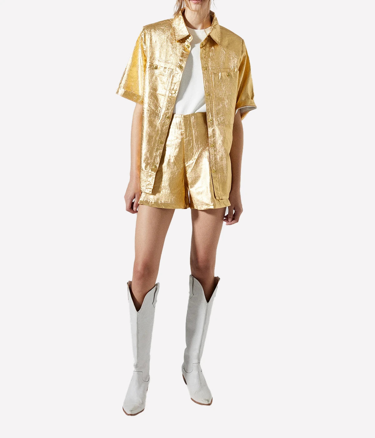 *FINAL SALE* Soho Metallic Linen Shirt in Gold