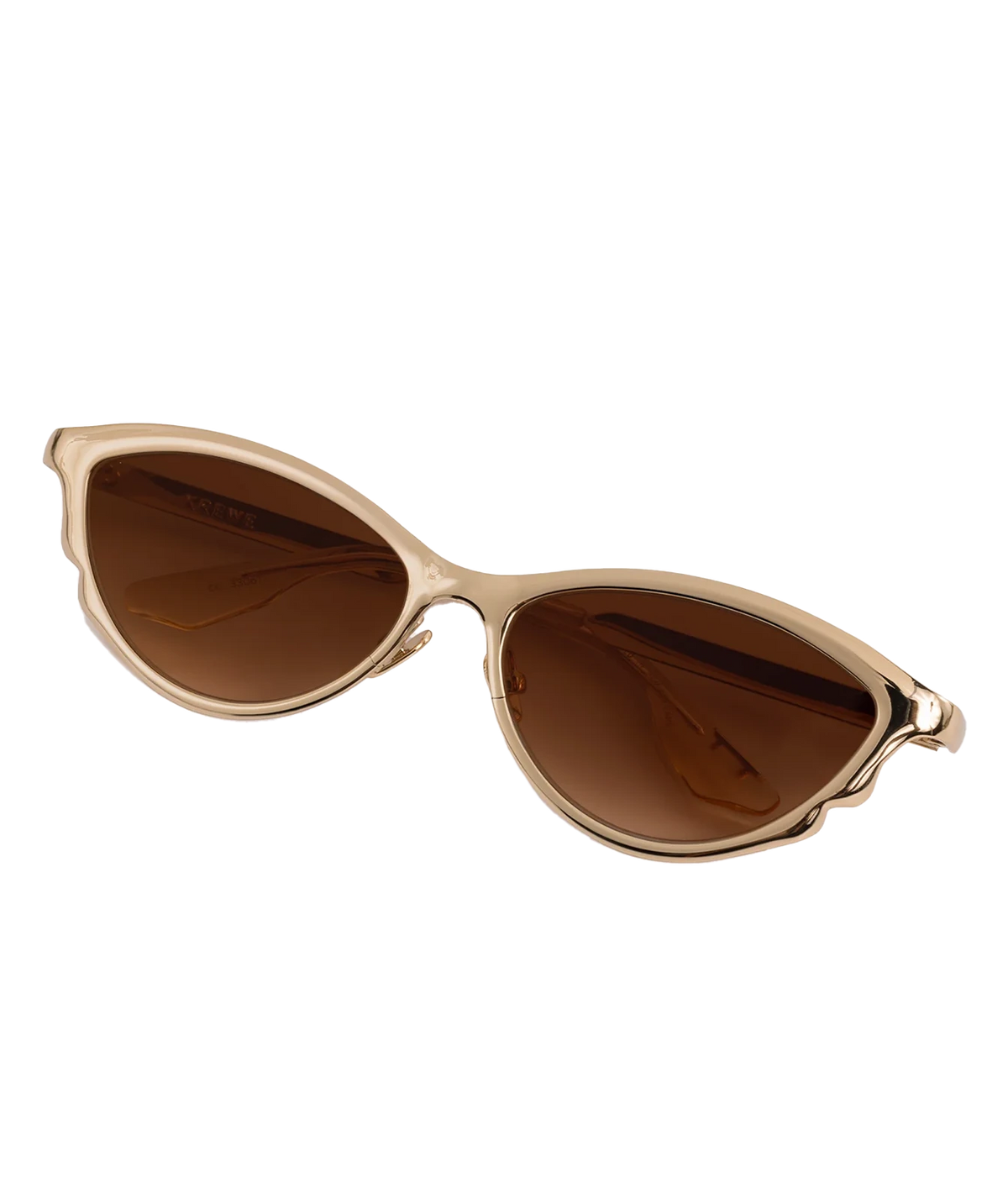 Angled view of the KREWE Solange Sunglasses in 18K Chroma Champagne, showing the mirrored gold frame and slim metal temples