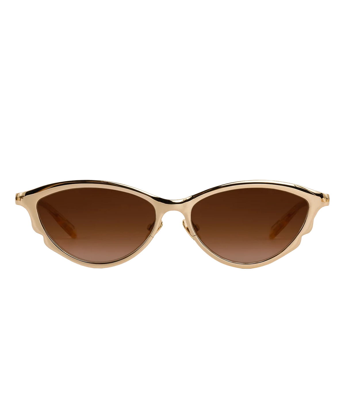 Front view of the KREWE Solange Sunglasses in 18K Chroma Champagne, showing the elongated gold frame, scalloped edge and brown gradient lenses