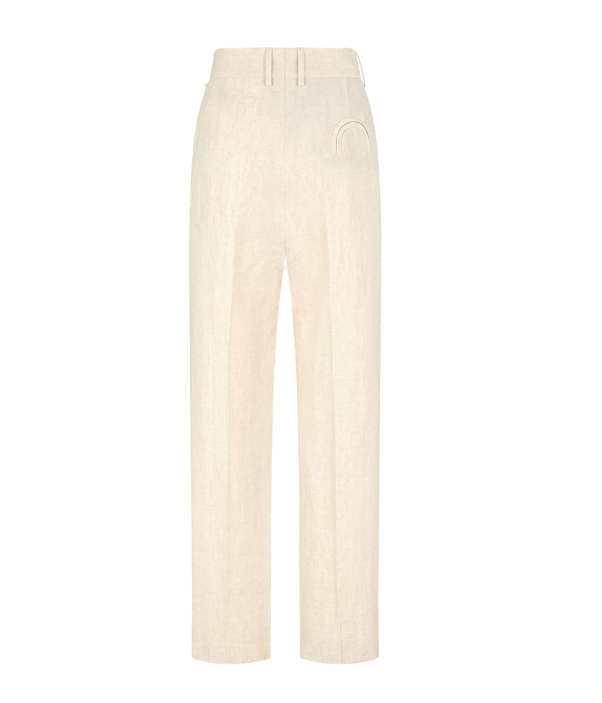 ALT text: Powder white high-waisted Fox Pants by BLAZÉ Milano with front pleats, straight-leg fit, and Smiley back pocket.