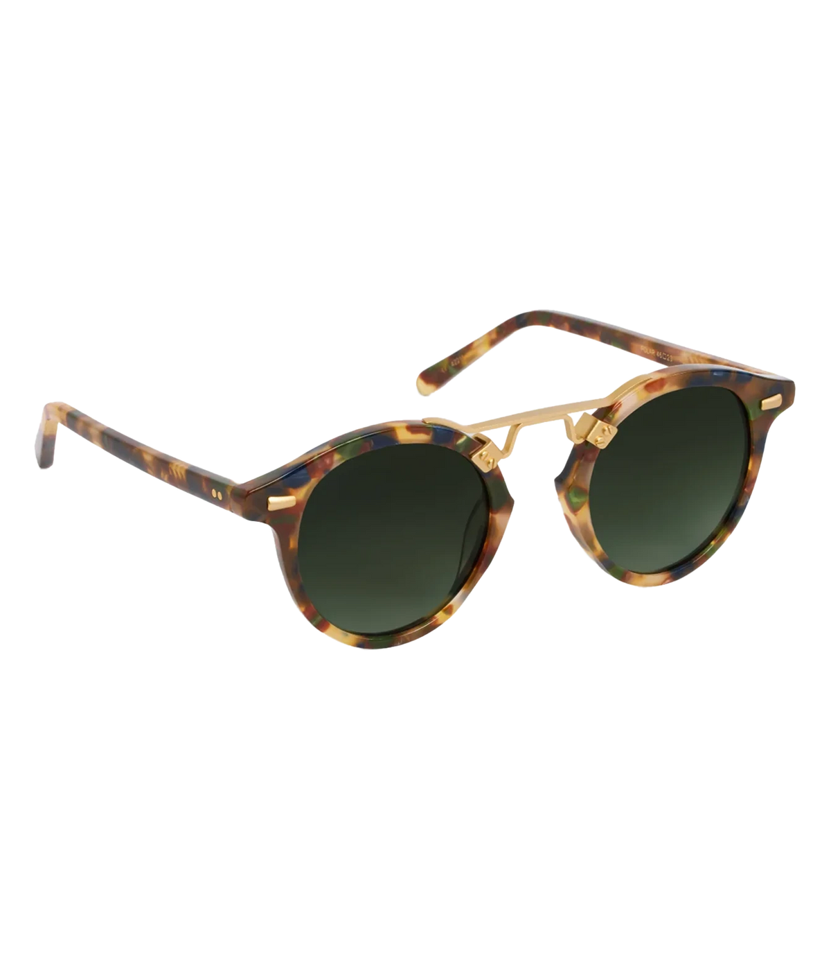 Three-quarter view of the KREWE St. Louis Sunglasses in 18K Tuscan Tortoise, showing the tortoise temples and gold hinge