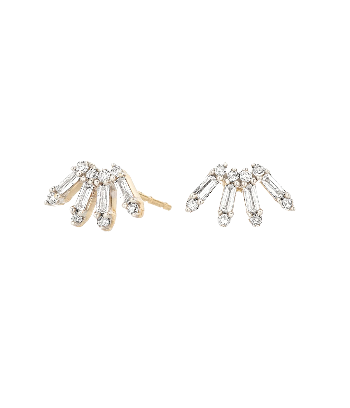 ALT text: Elegant 14K Yellow Gold earrings with a baguette diamond and two round diamonds in a shared prong setting.