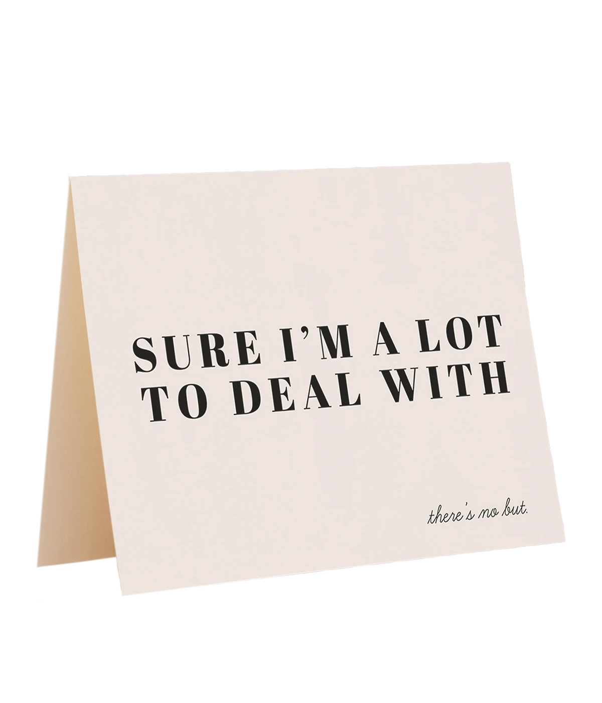 ALT text: Greeting card with "Sure, I'm a lot to deal with… there's no but" text, blank interior, and matching envelope