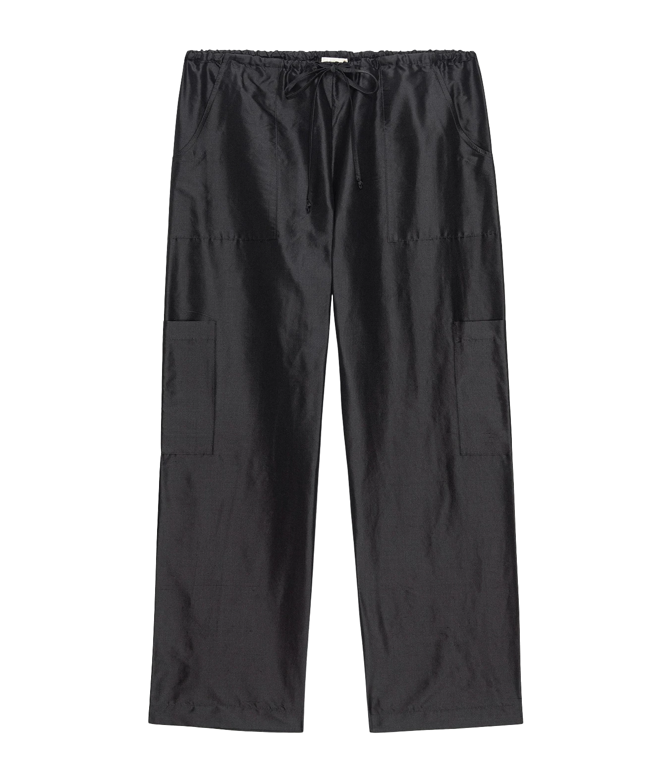 Black cargo pants with an elastic drawstring waist and large side cargo pockets, shown flat against a white background.