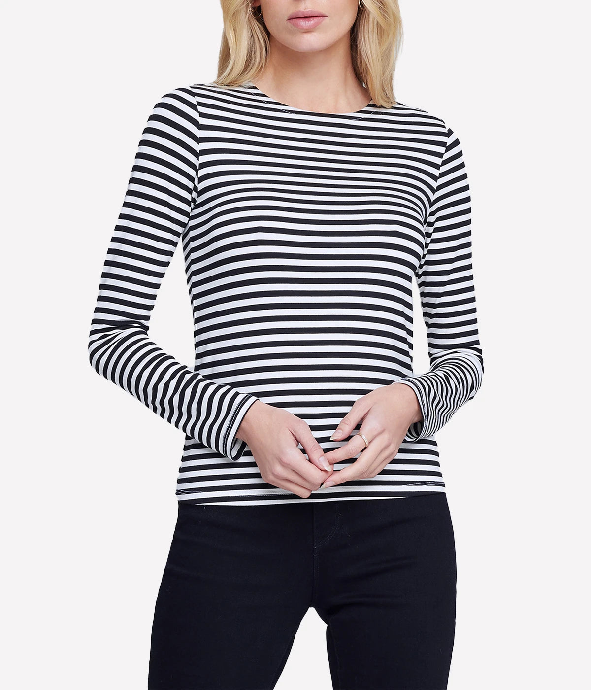 Tess Crew Neck Long Sleeve Tee in Black White Stripe