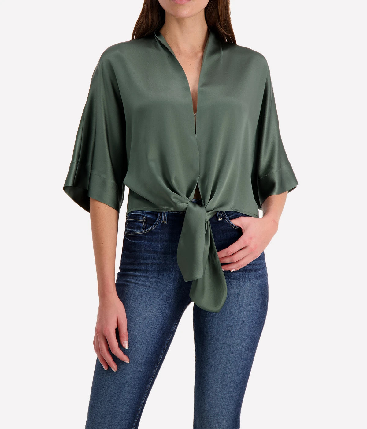 *FINAL SALE* Dolman Tie Front Blouse in Thyme
