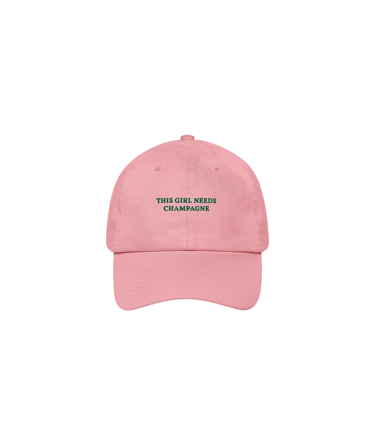 Pink cotton dad hat with "This Girl Needs Champagne" embroidered on the front, featuring an adjustable buckle strap at the back.